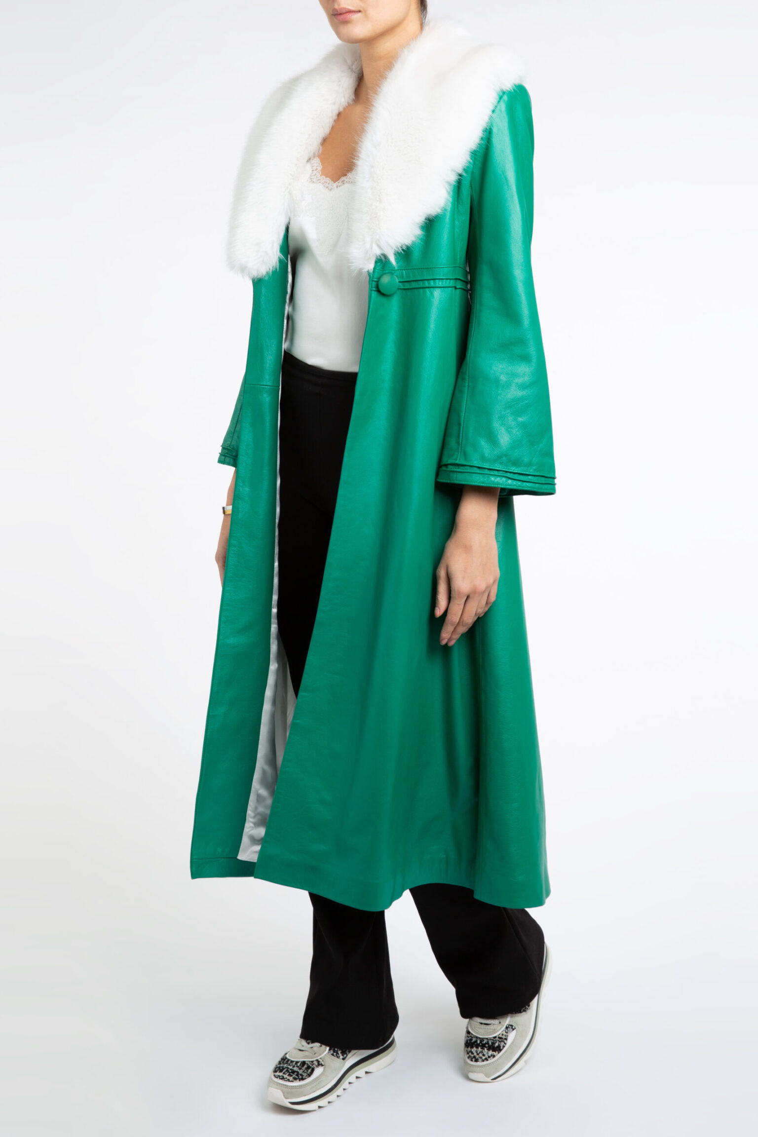 Edward Leather Trench Coat in Green and White