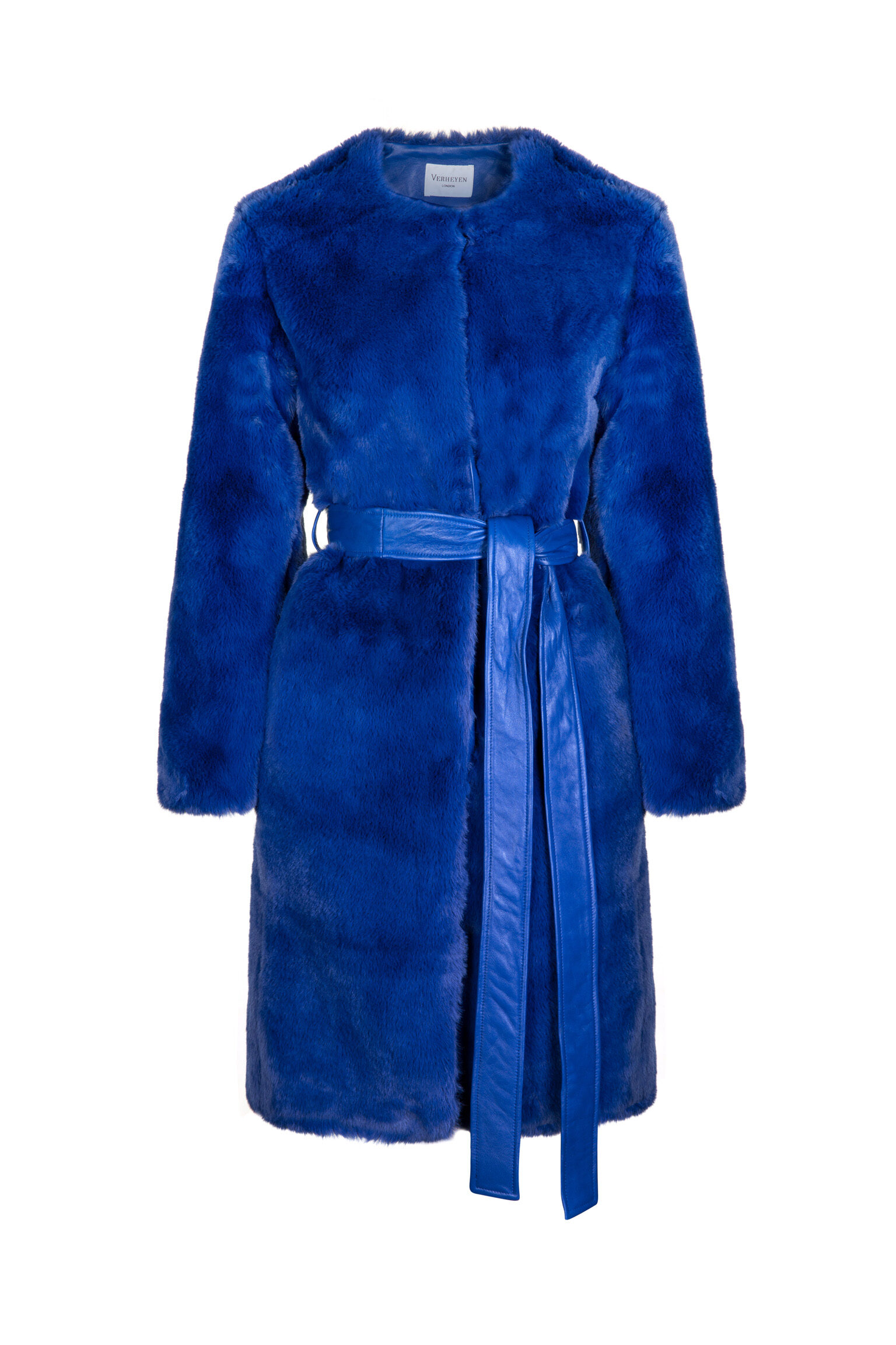 Serena Collarless Faux Fur Coat in Blue