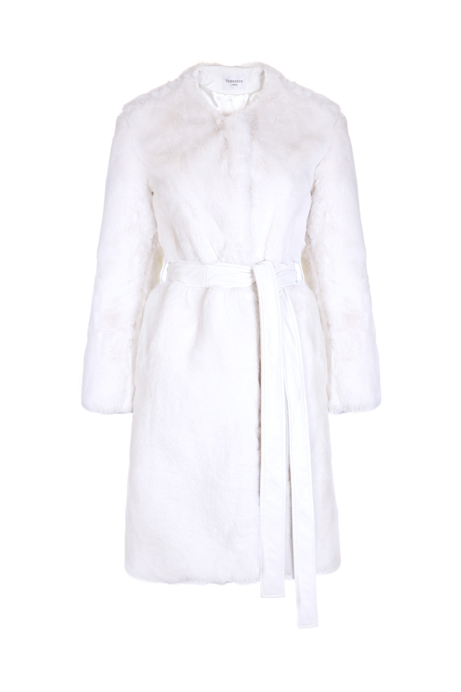 Serena Collarless Faux Fur Coat in White