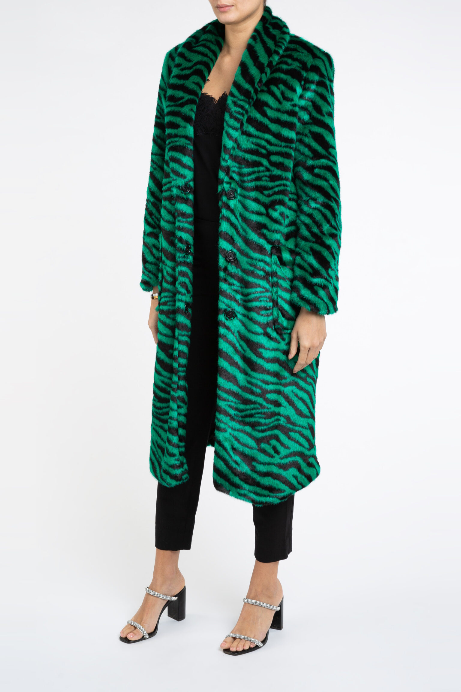 Limited Edition Esmeralda Faux Fur Coat in Green Zebra Print
