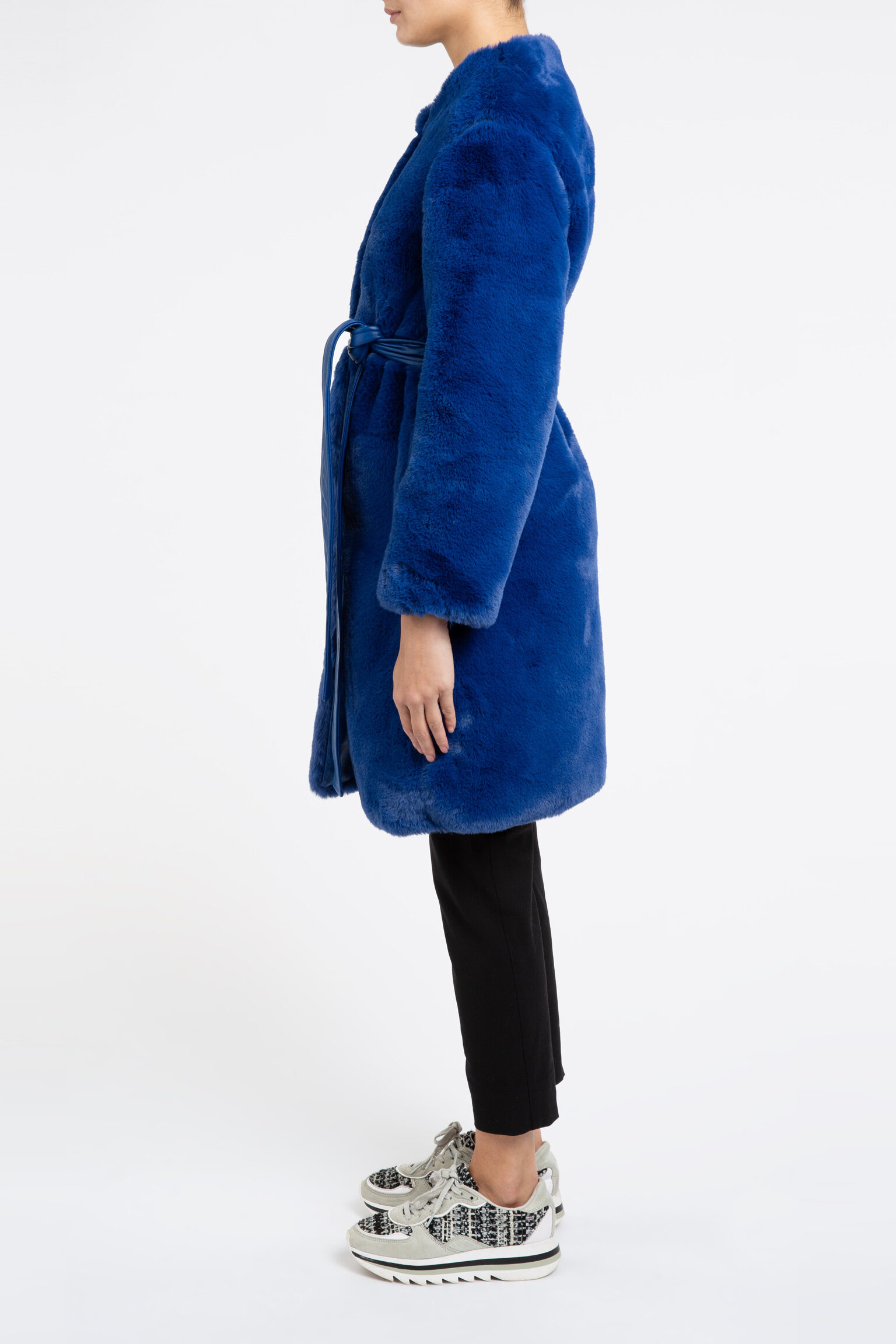 Serena Collarless Faux Fur Coat in Blue