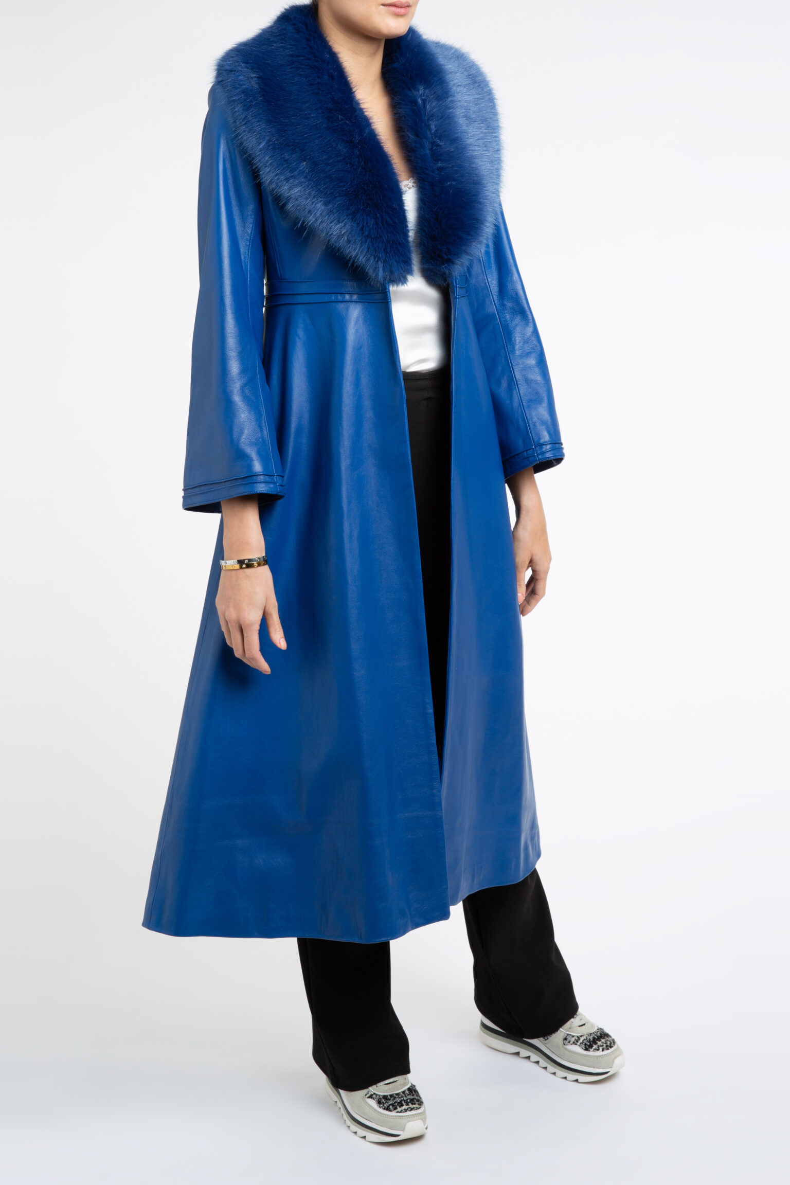 Edward Leather Trench Coat in Blue