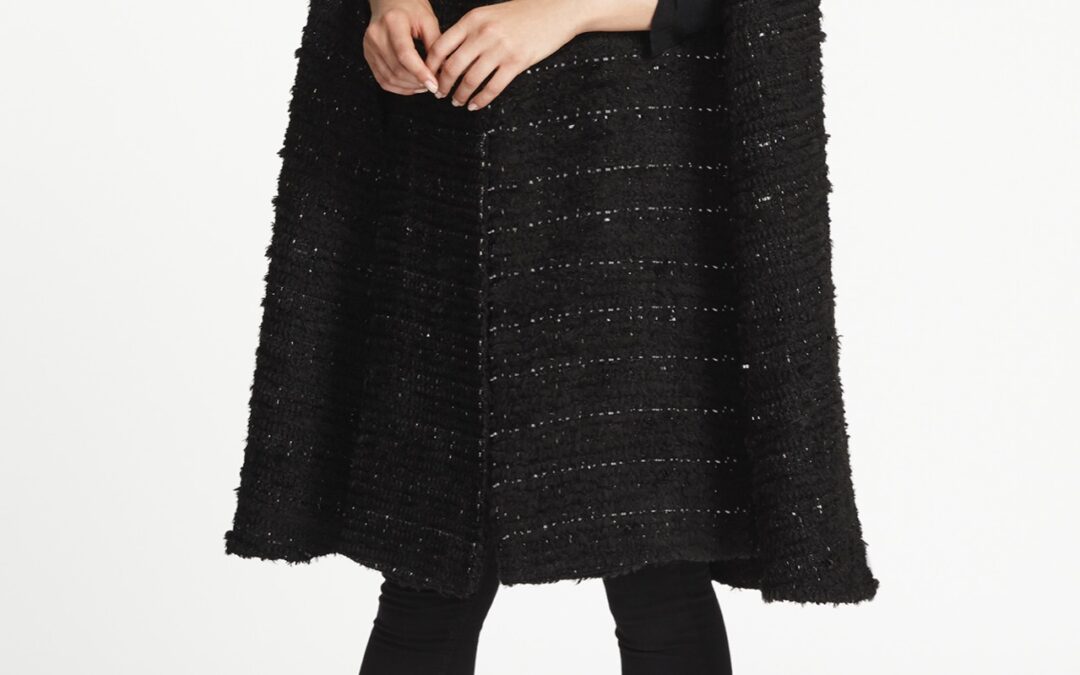 Collarless Cape in Black Metallic Tweed