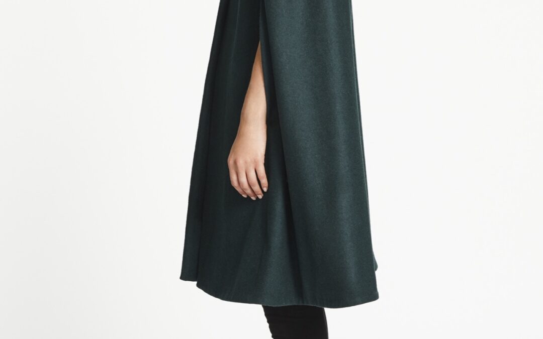 Collarless Cape in Dark Green Wool