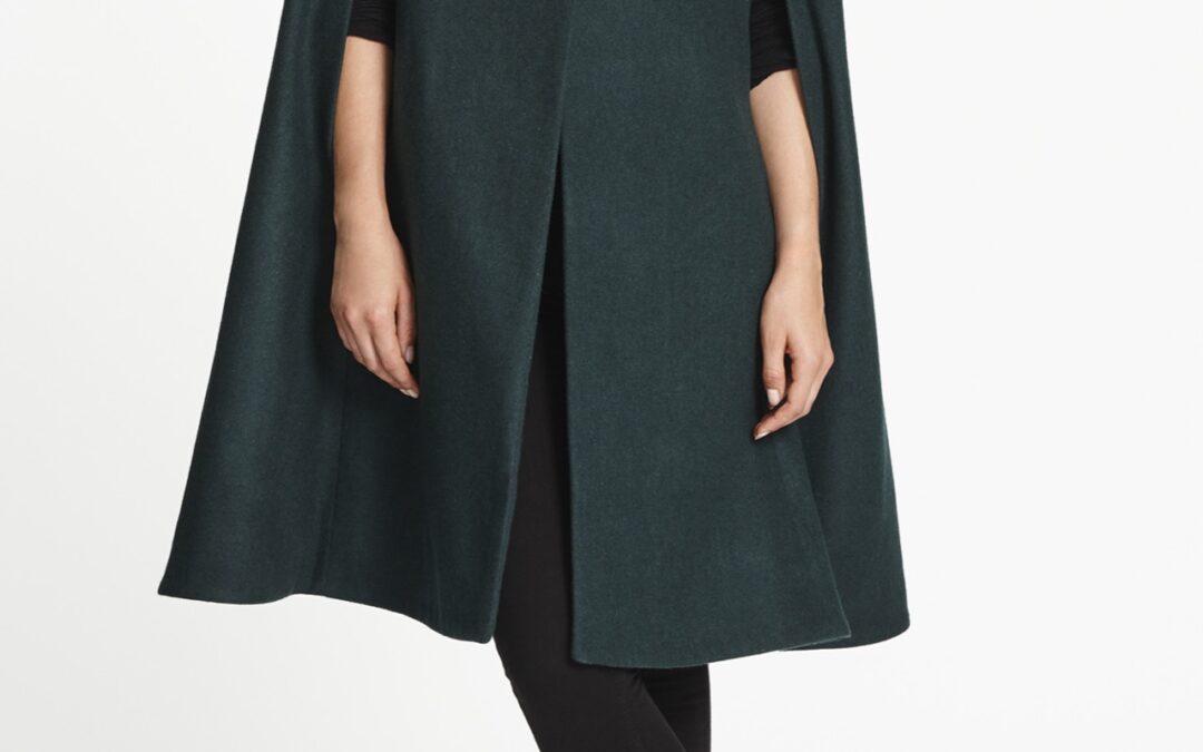Collarless Cape in Dark Green Wool