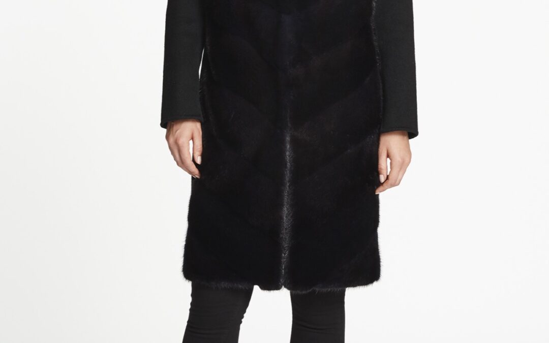 Collarless Coat in Navy Black Cashmere Wool & Mink