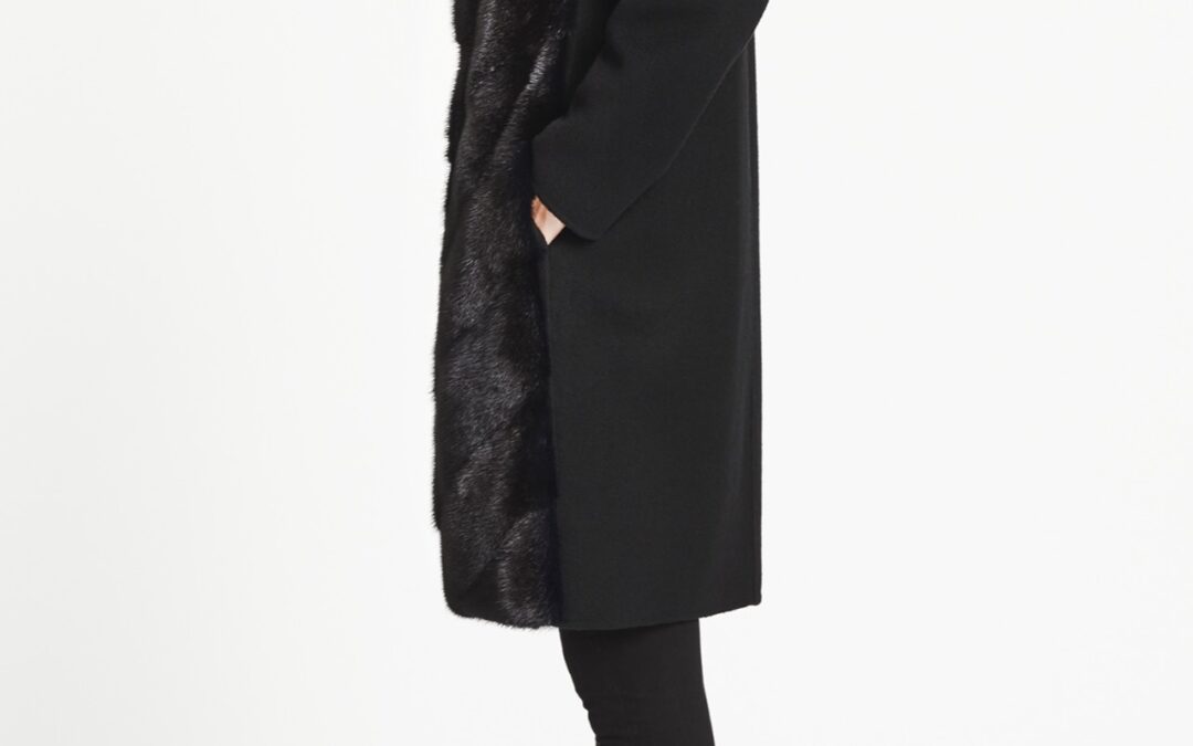 Collarless Coat in Navy Black Cashmere Wool & Mink
